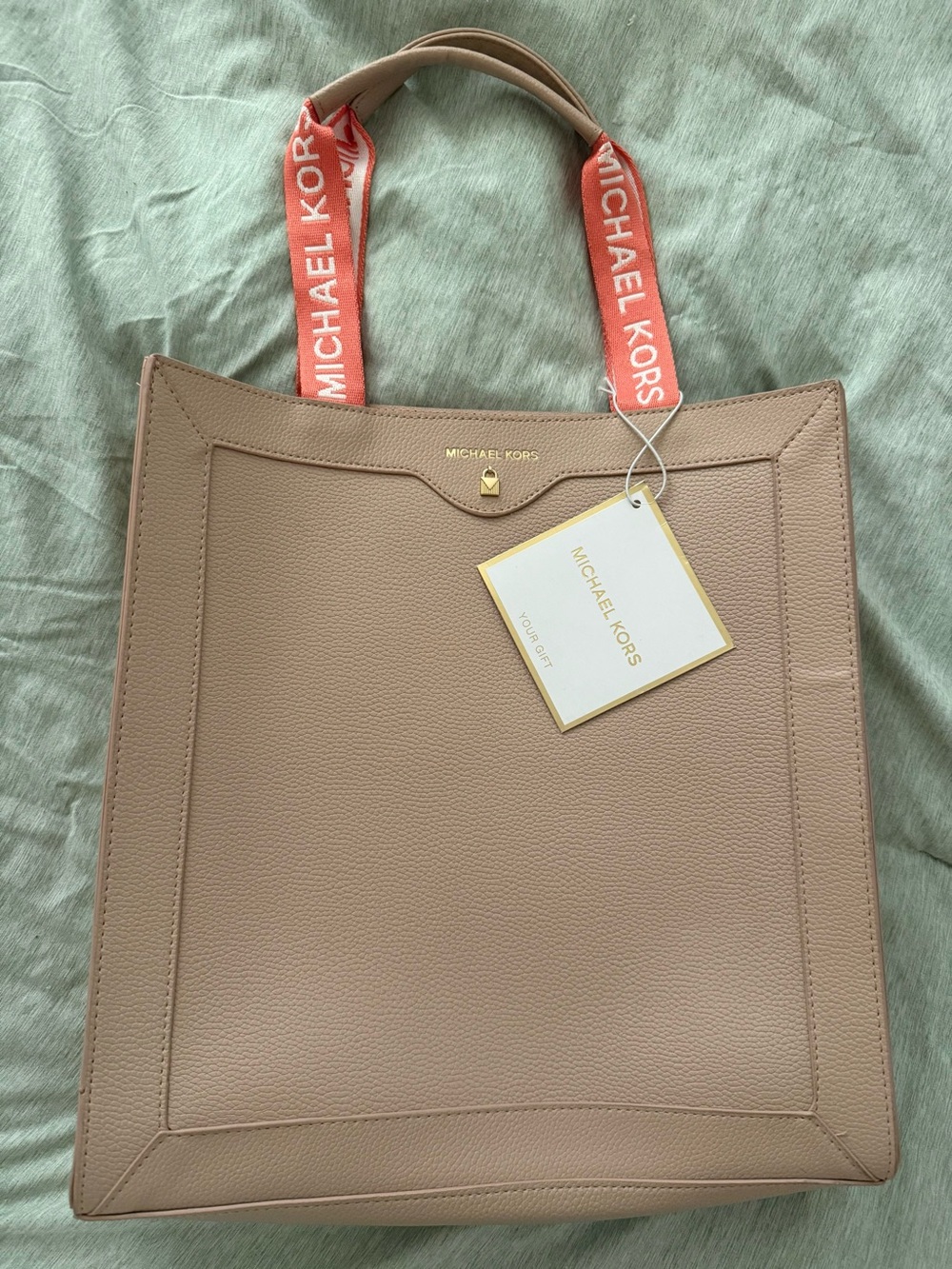 Michael Kors Blush Pink Pebbled Leather Tote with Coral Logo Straps